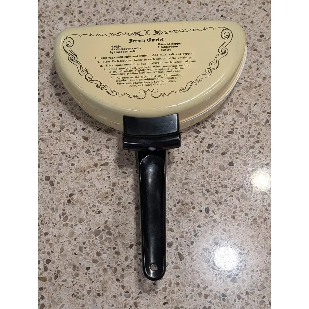 Vintage Mirro Hinged Omelet Pan Dual Sided Aluminum Nonstick Recipe Yellow 1960s